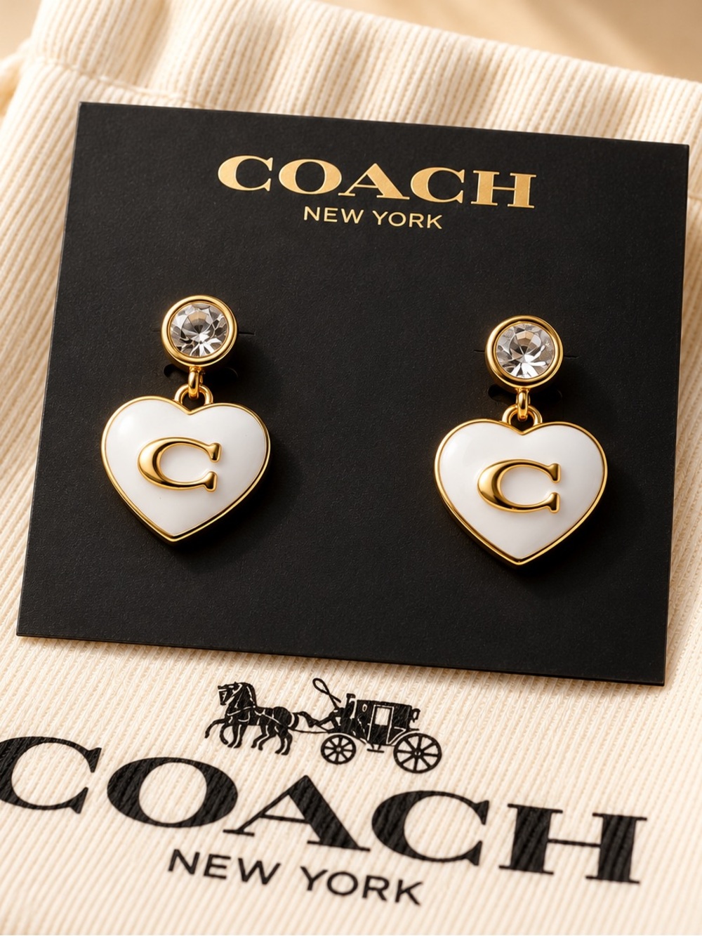 COACH White Heart Drop Earrings with Gold 'C' and Crystal Studs